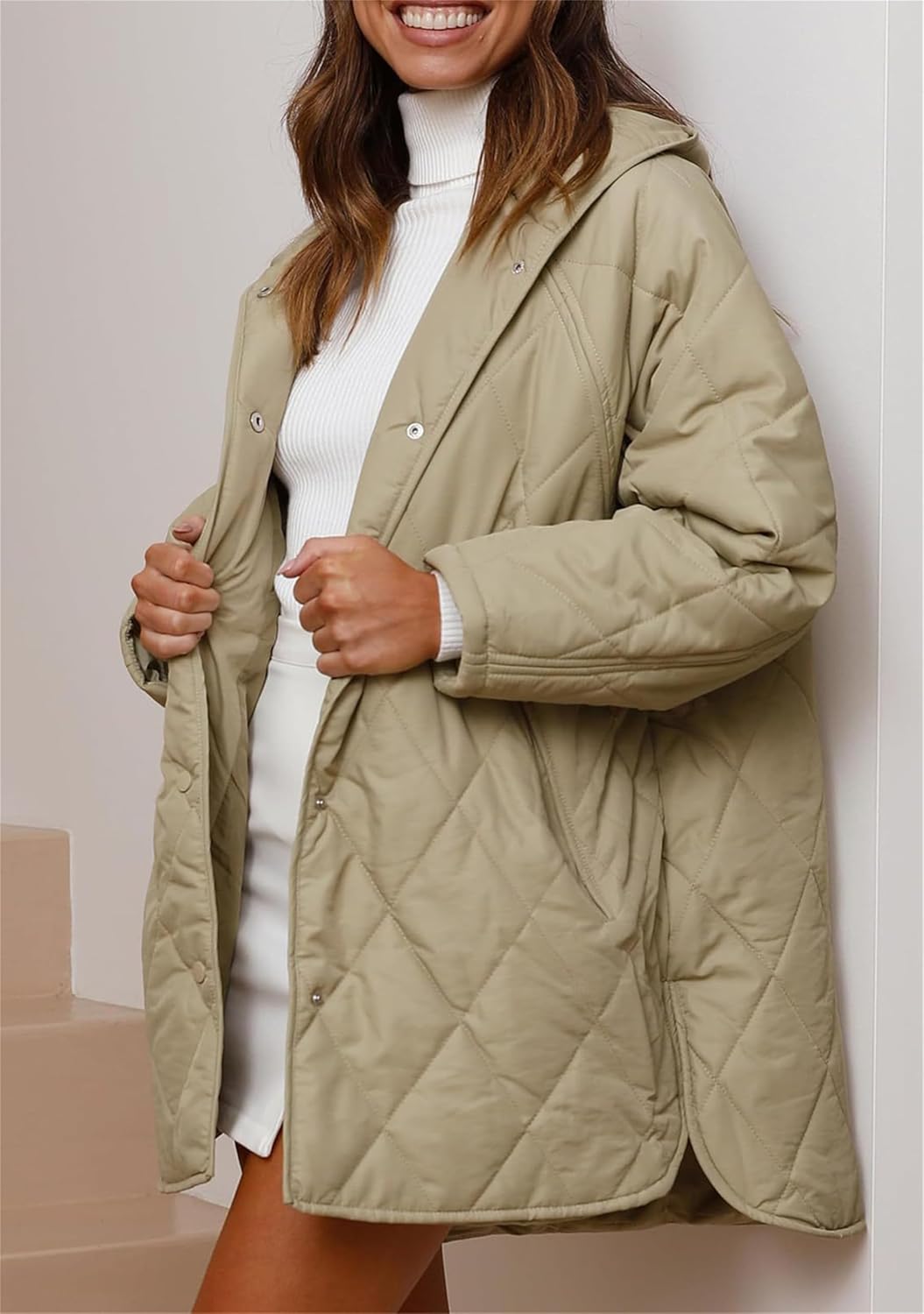 EFOFEI Womens Dolman Quilted Padded Lightweight Jackets Snap Front Hooded Coats Long Sleeve Warm Coat with Pockets