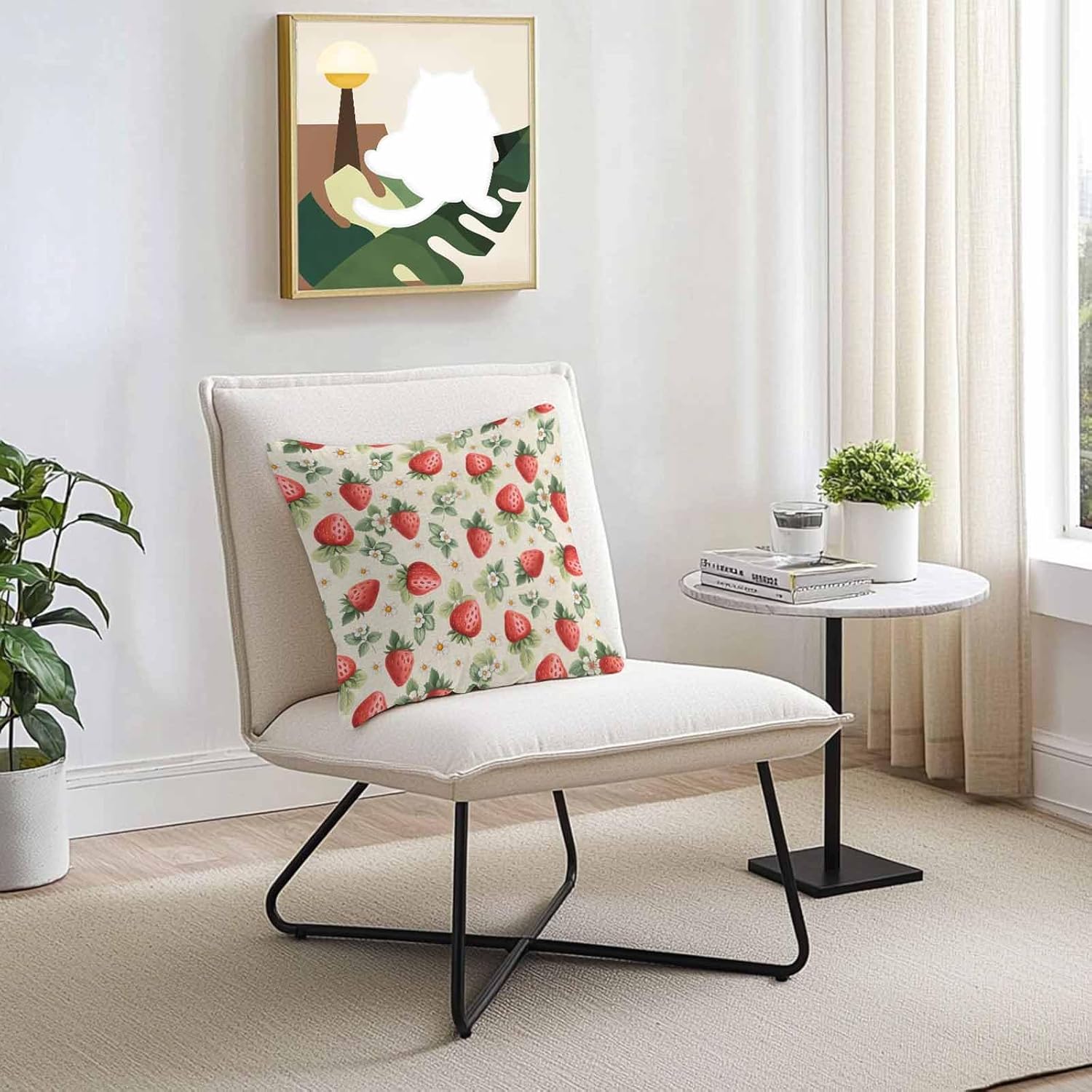 Red Strawberry Outdoor Pillow Cover 26x26 Inch Cushion Sham Case, Waterproof Decorative Square Throw Pillowcase for Outside Garden Patio Porch Couch Chair Tent Summer Fruits Green Leaves White Floral