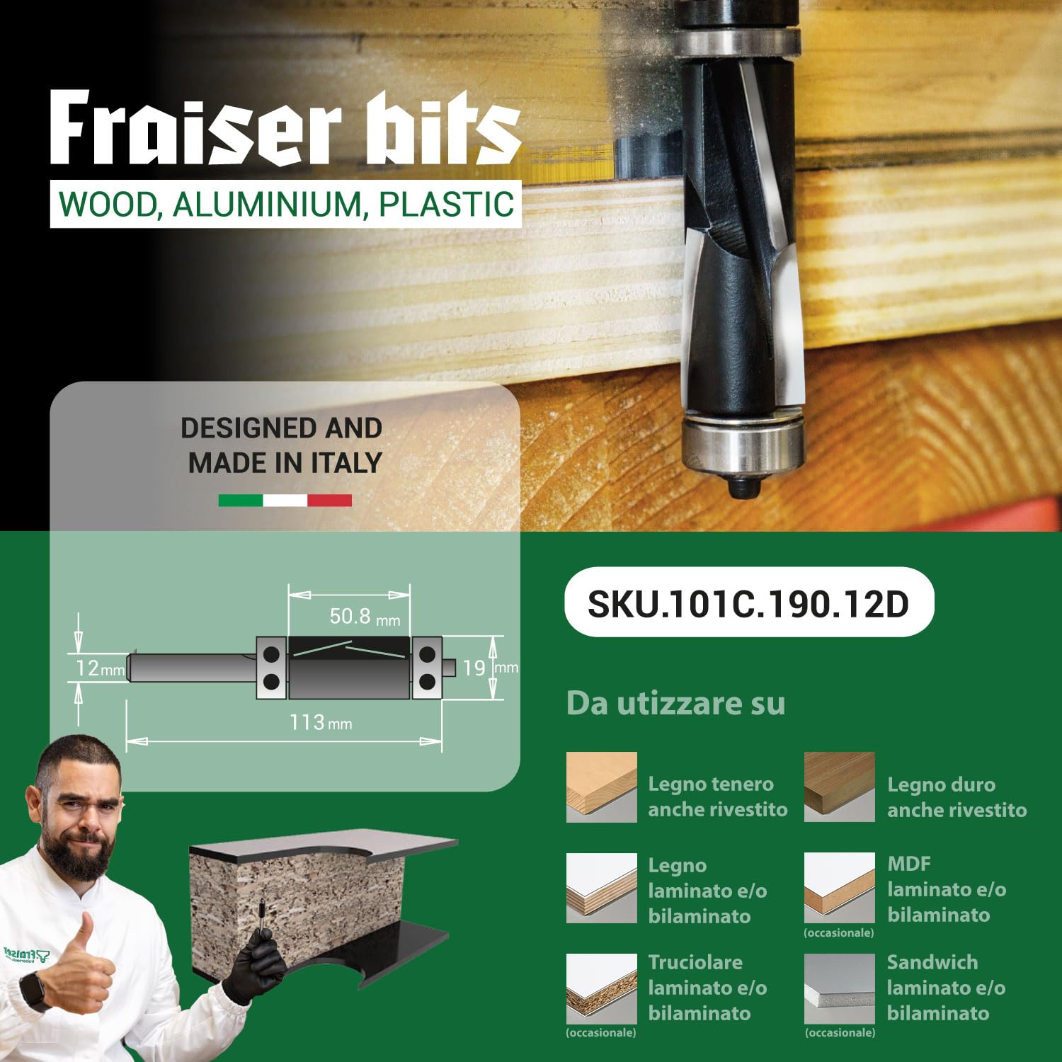 Fraiser - Fresa per rifilare bordi e pannelli laminati a compressione Up Down Cut, con cuscinetto superiore e inferiore, gambo 12mm, per fresatrice verticale e rifilatore