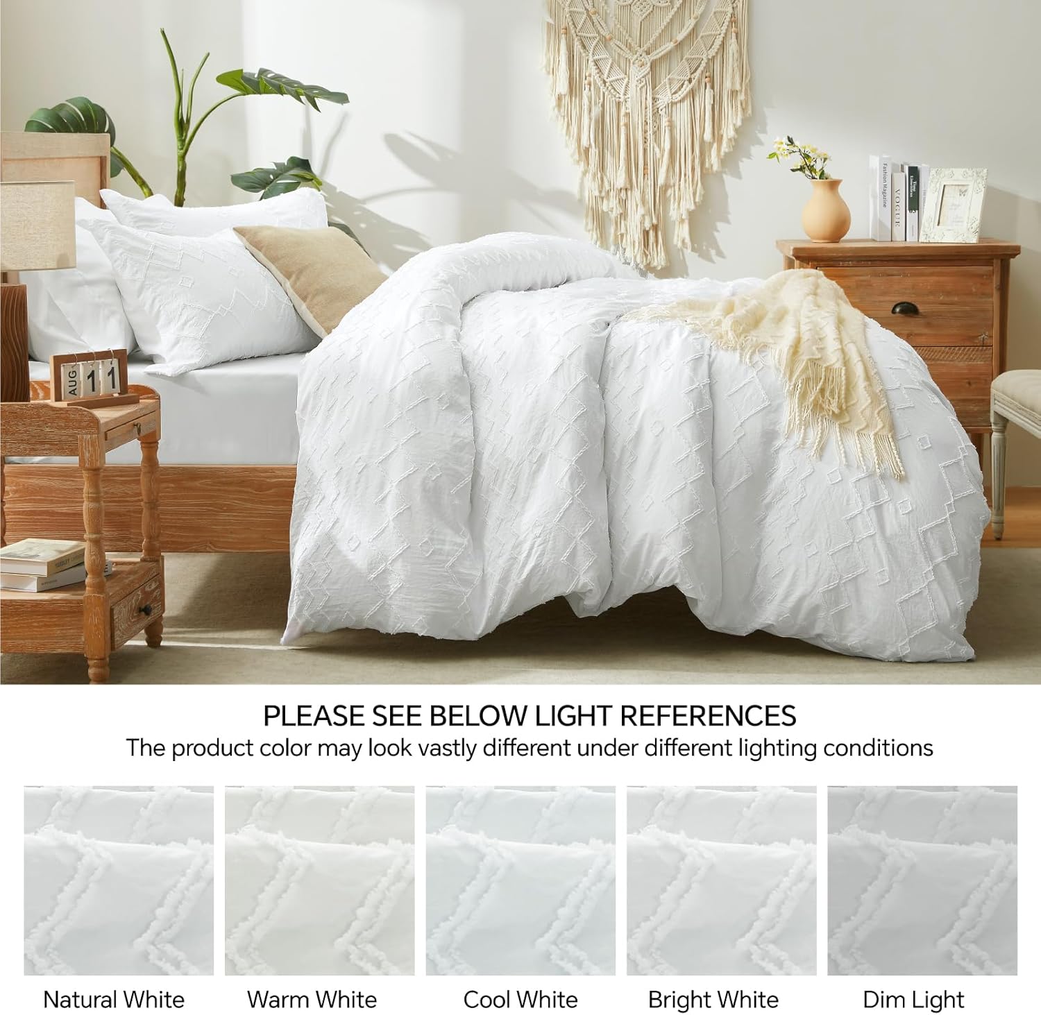 Boho Duvet Cover Queen Size - Textured Bedding Set for All Seasons, Tufted With Zipper Closure, 3 Pcs, 1 Cover & 2 Pillowcases (White)