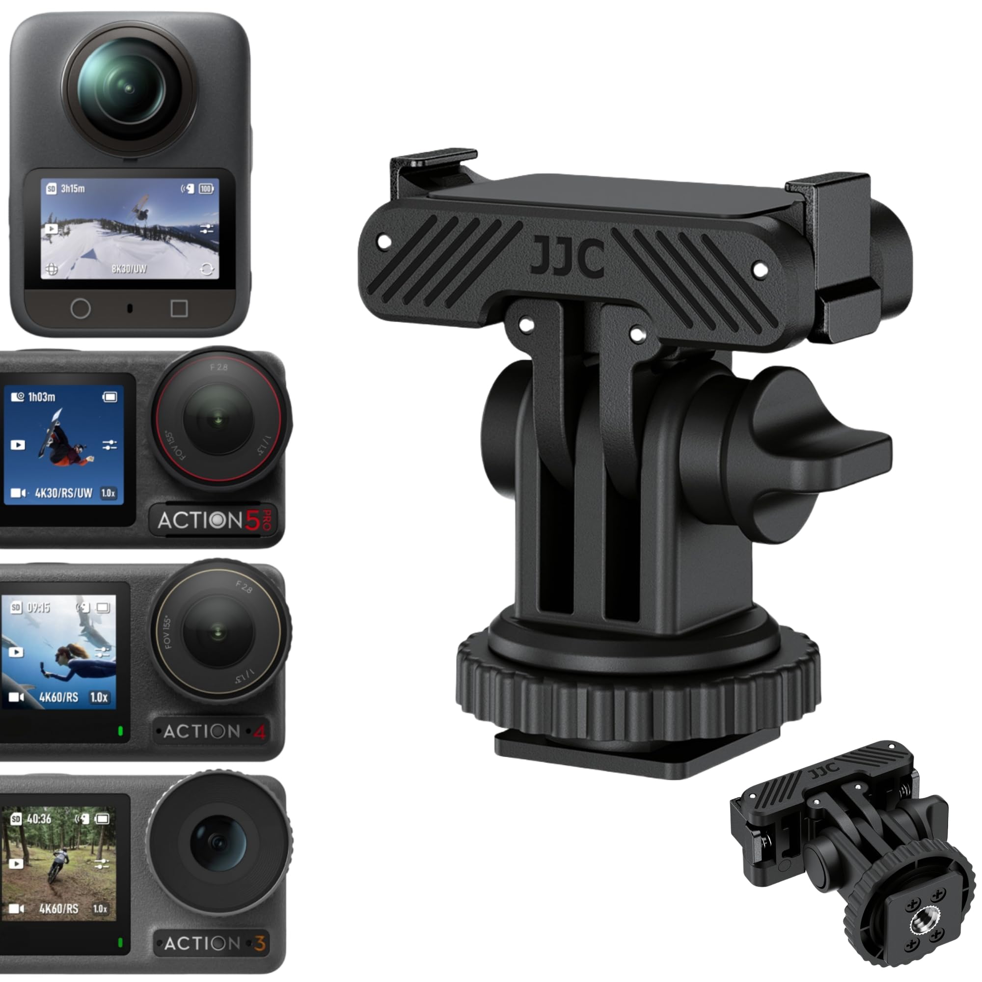JJC Supporto adattatore con slitta fredda per DJI OSMO 360 Action 5 Pro 4 3, angolo regolabile a 180°, supporto rimovibile per monitor della fotocamera con foro per vite da 1/4, design magnetico