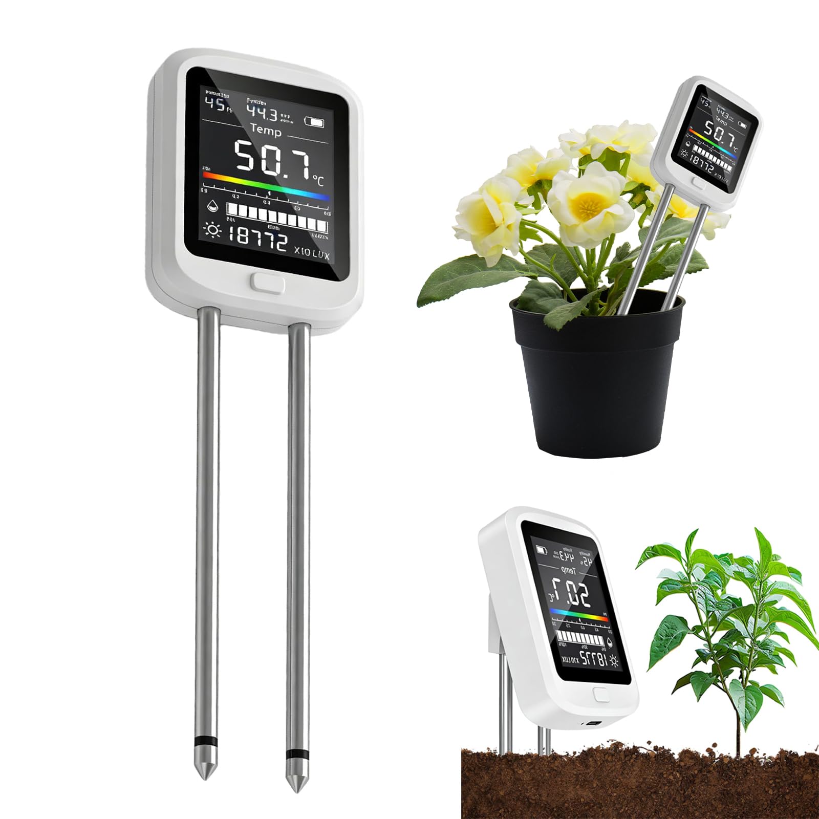 PH Terra, Misuratore di umidità 6 in 1, per piante digitali, misuratore di umidità per terreno con valore PH temperatura umidità luce fertilità per giardino, prato, agricoltura