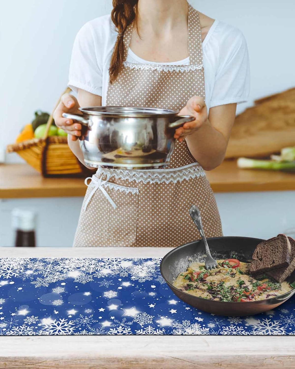 Heat Resistant Trivet & Table Runner Christmas Snowflake Blue Background Hot Dishes Mat Table Protector Hot Pots Pans Pads Waterproof Placemats for Countertops 40x12 Inch