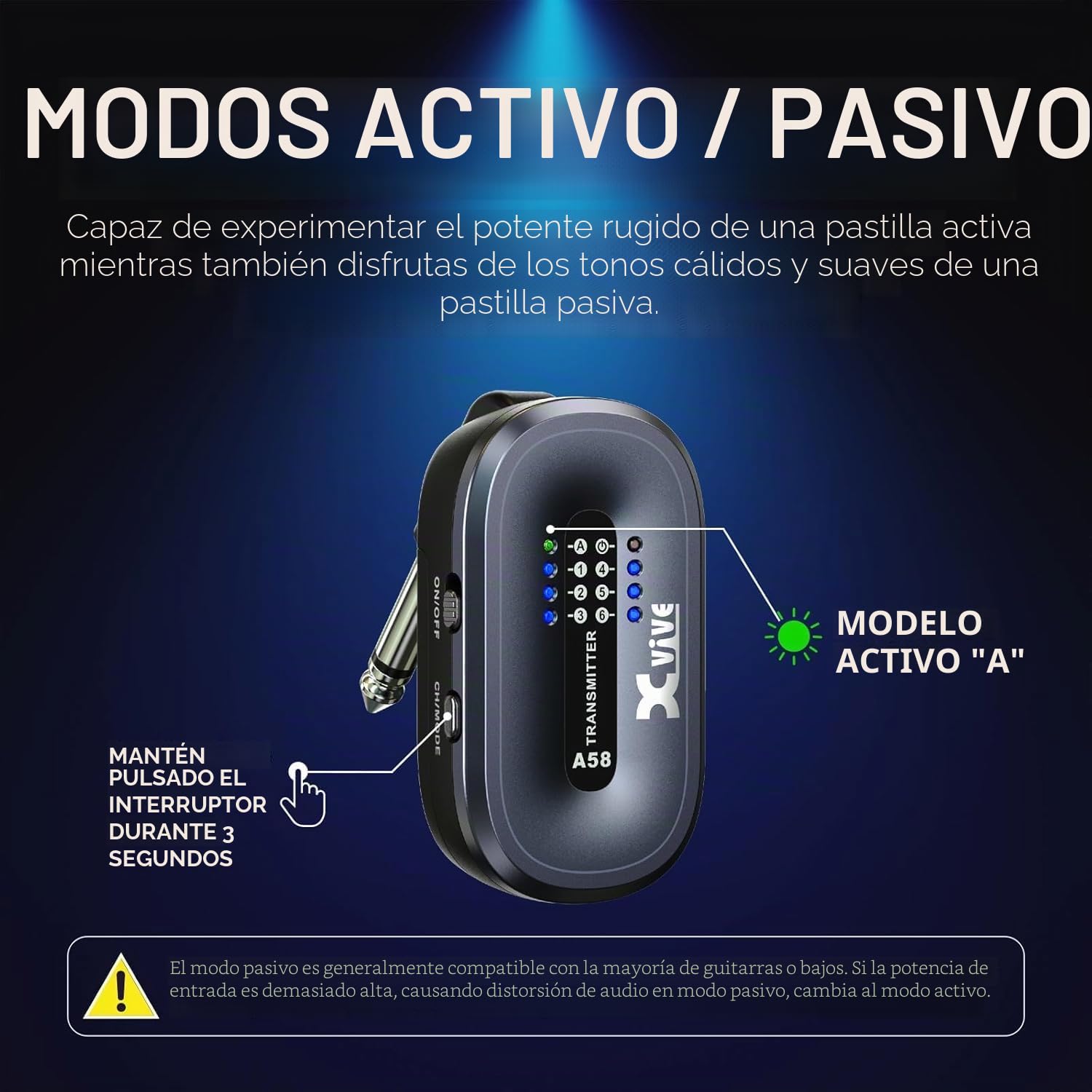 Sistema inalámbrico para guitarra Xvive AC58 5,8GHz, Sistema inalámbrico A58 para guitarra con estuche de carga para guitarra eléctrica/acústica con pastillas activas o pasivas