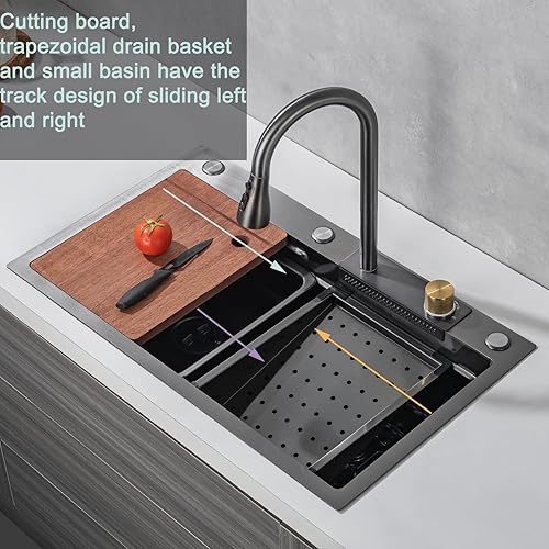 Miniatura 4 de Fregadero de cocina de 30 pulgadas con grifo combinado de cascada de acero inoxidable negro cascada fregadero de cocina encimera de cocina