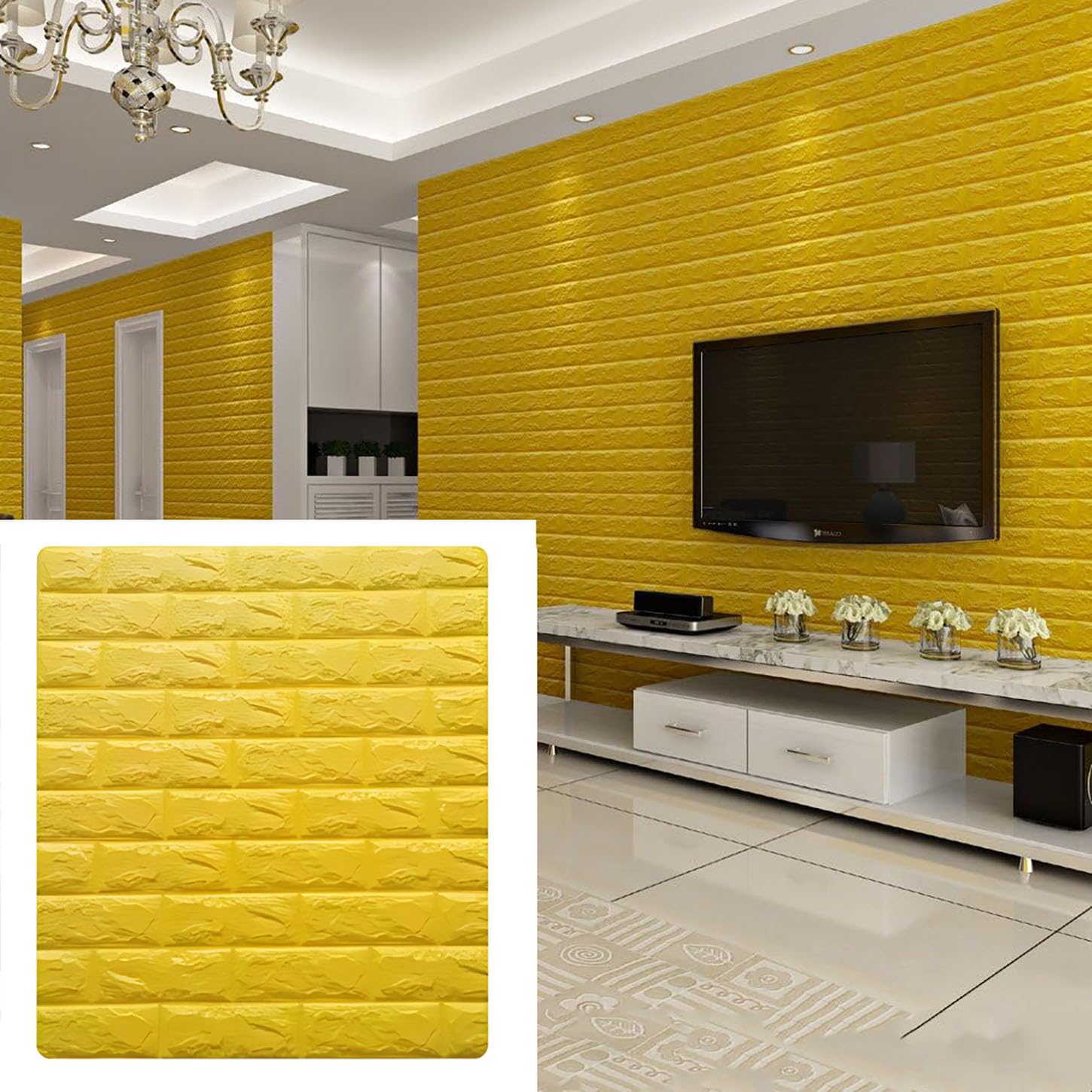 Papier peint 3D effet maçonnerie jaune revêtement adhésif 3D
