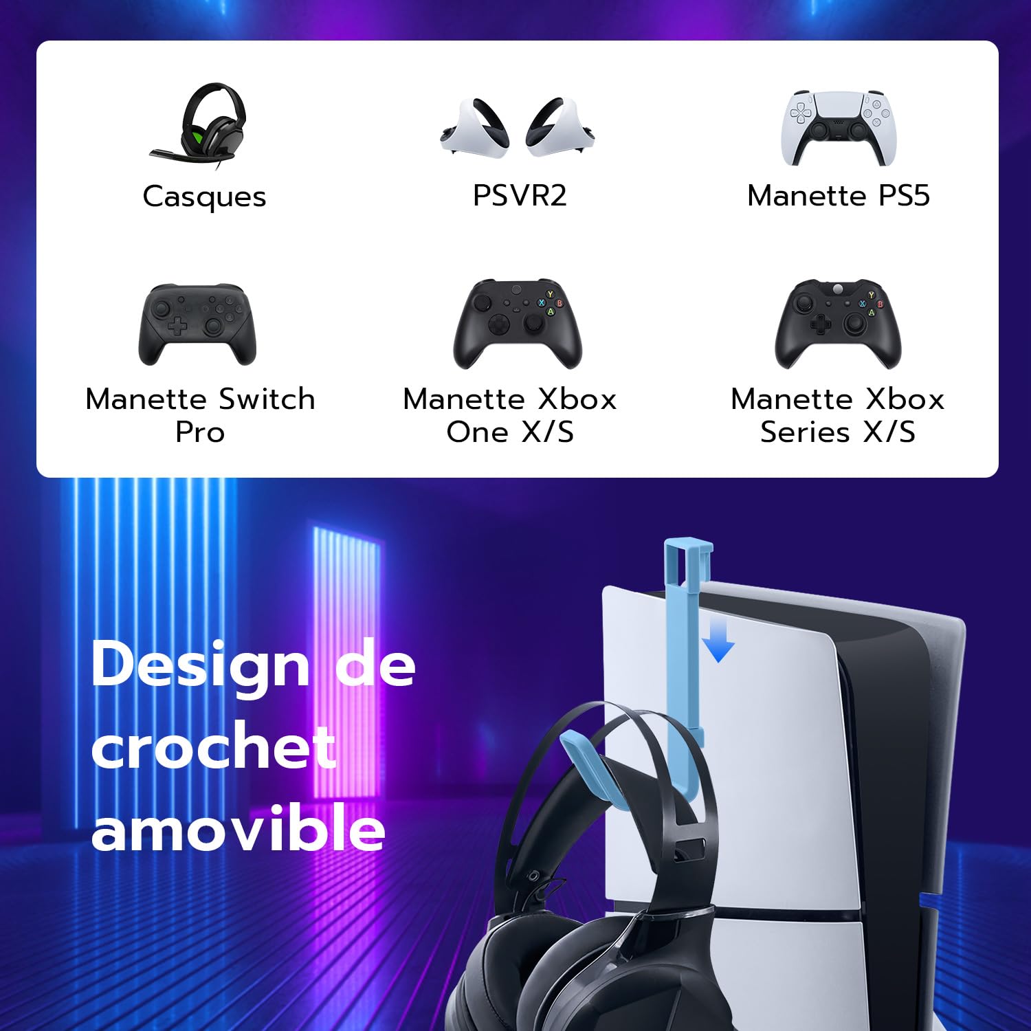 Wigearss Support Vertical pour PS5 Slim, Station de Charge Rapide pour Deux Manettes avec Crochet Casque et Lumière LED, Compatible avec la Console PS5 Slim DE/UHD(Pas pour PS5/Pro)