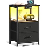 Casaottima Night Stand with Charging Station and LED Lights&comma; End Table for Bedroom with 2 Fabric Drawers&comma; Small Nightstand with Storage Shelf&comma; Bed Side Bedside Table&comma; Black