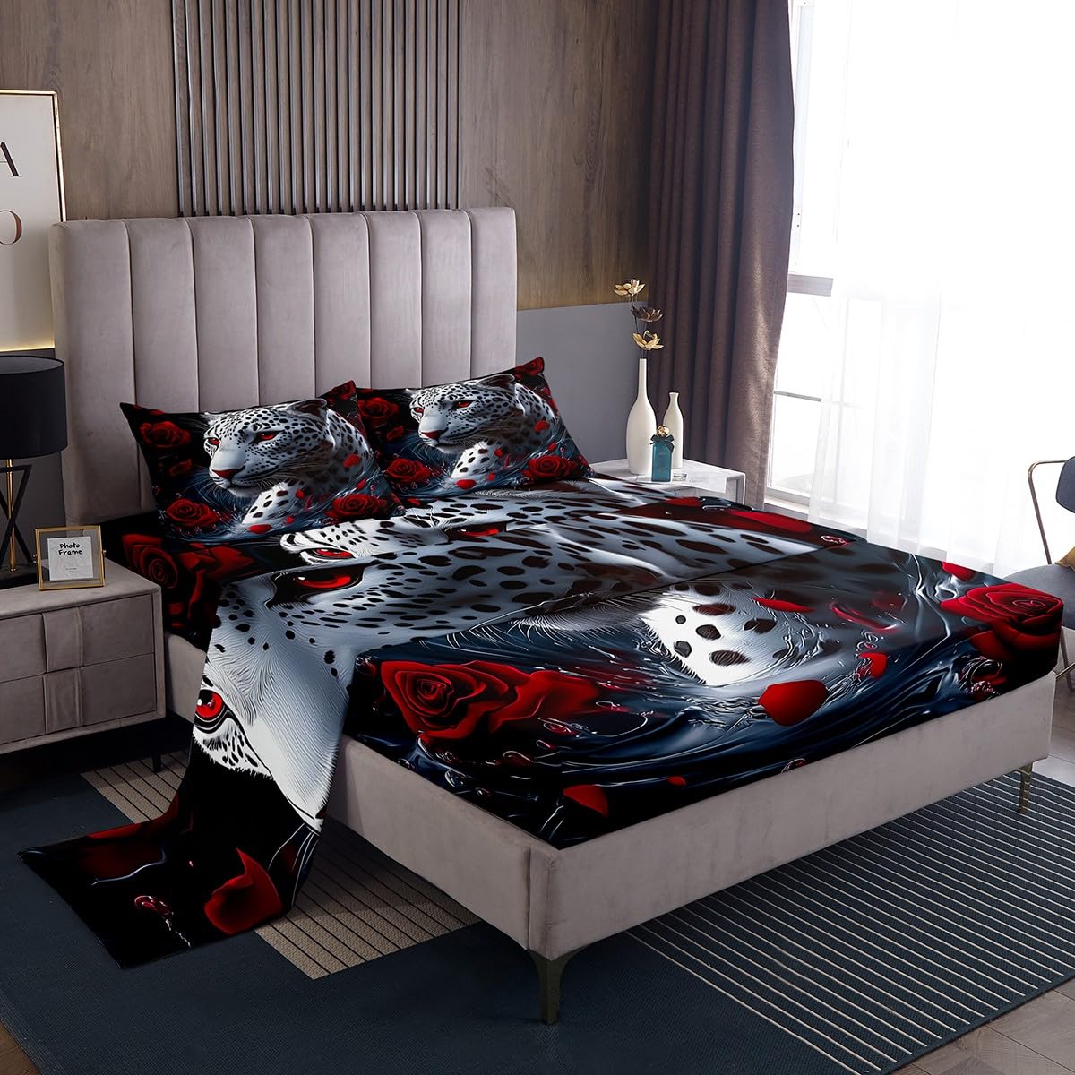 jejeloiu Leopard Bed Sheets Set Twin Size Kids Cheetah Print Rose Fitted Sheet with Deep Pocket for Boys Girls Teens Wild Animal Bedding Set Breathable Safari Bedroom Decor