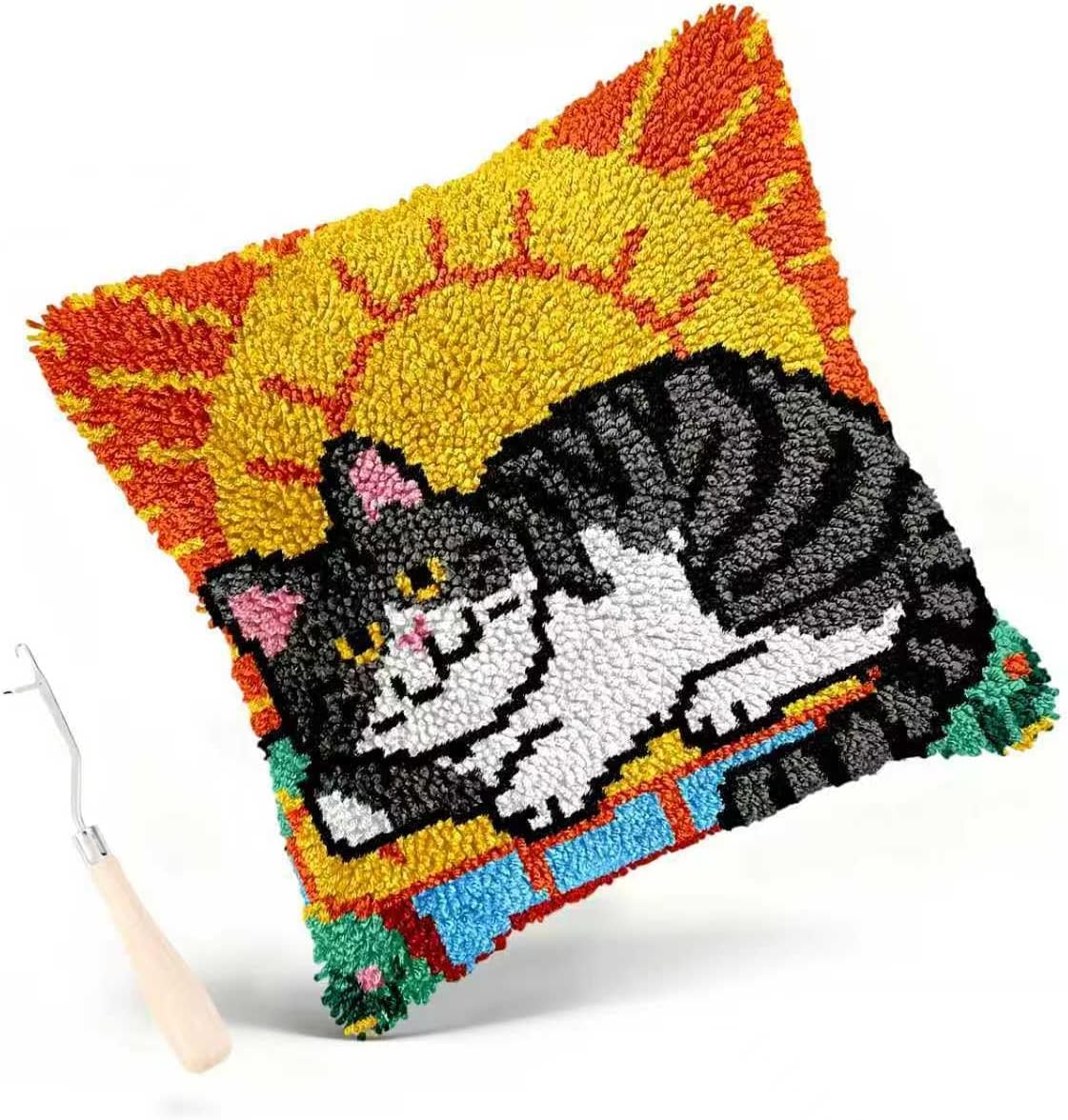 Miaceito Cute cat Latch Hook Kits for Adults Beginners,DIY Pre-Printed Latch Hook Pillow Kits Includes Wooden Hook Tool,17x17 Inch Home Decor Sofa Cushion Gift for Mom