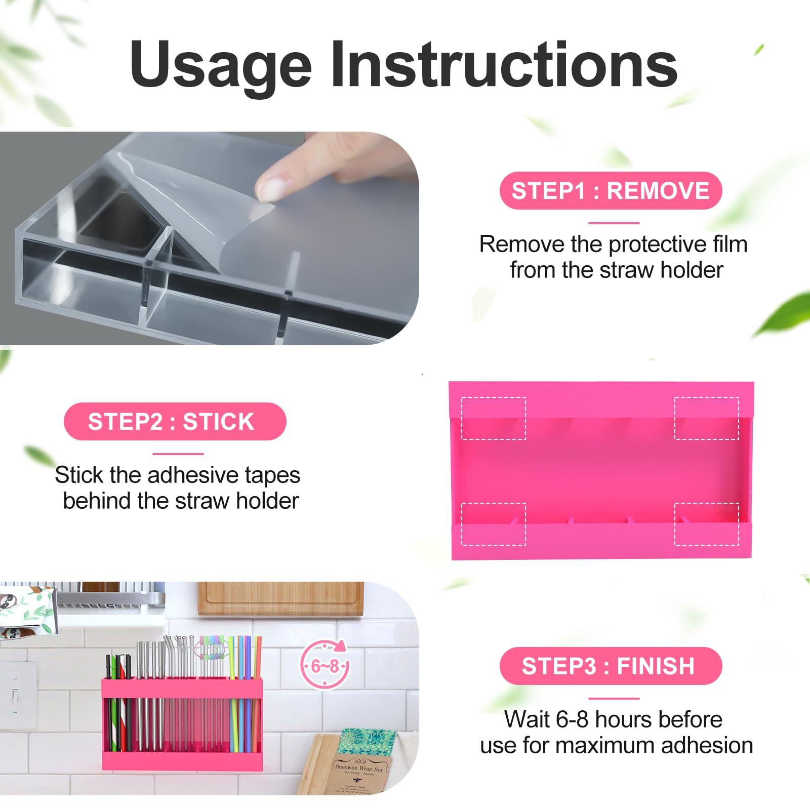 Rycid 9.5” Large Acrylic Straw Holder for Cabinet Door with Detachable Ultra Sticky Adhesive Squares and Stickers, 2026 Reusable Straws Organizer Storage Dispenser for Kitchen Counter Cupboard