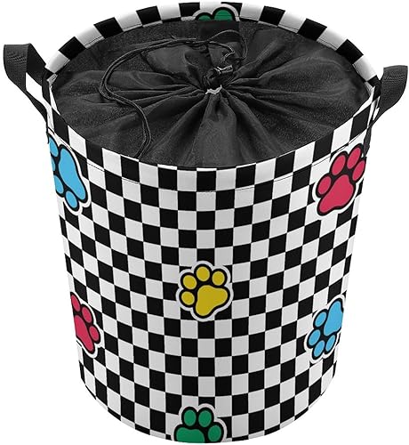 Miniatura 8 de Cesta de lavandería a cuadros de gato plegable con huella de perro con cordón impermeable, bolsa de lavandería para juguetes, contenedor de
