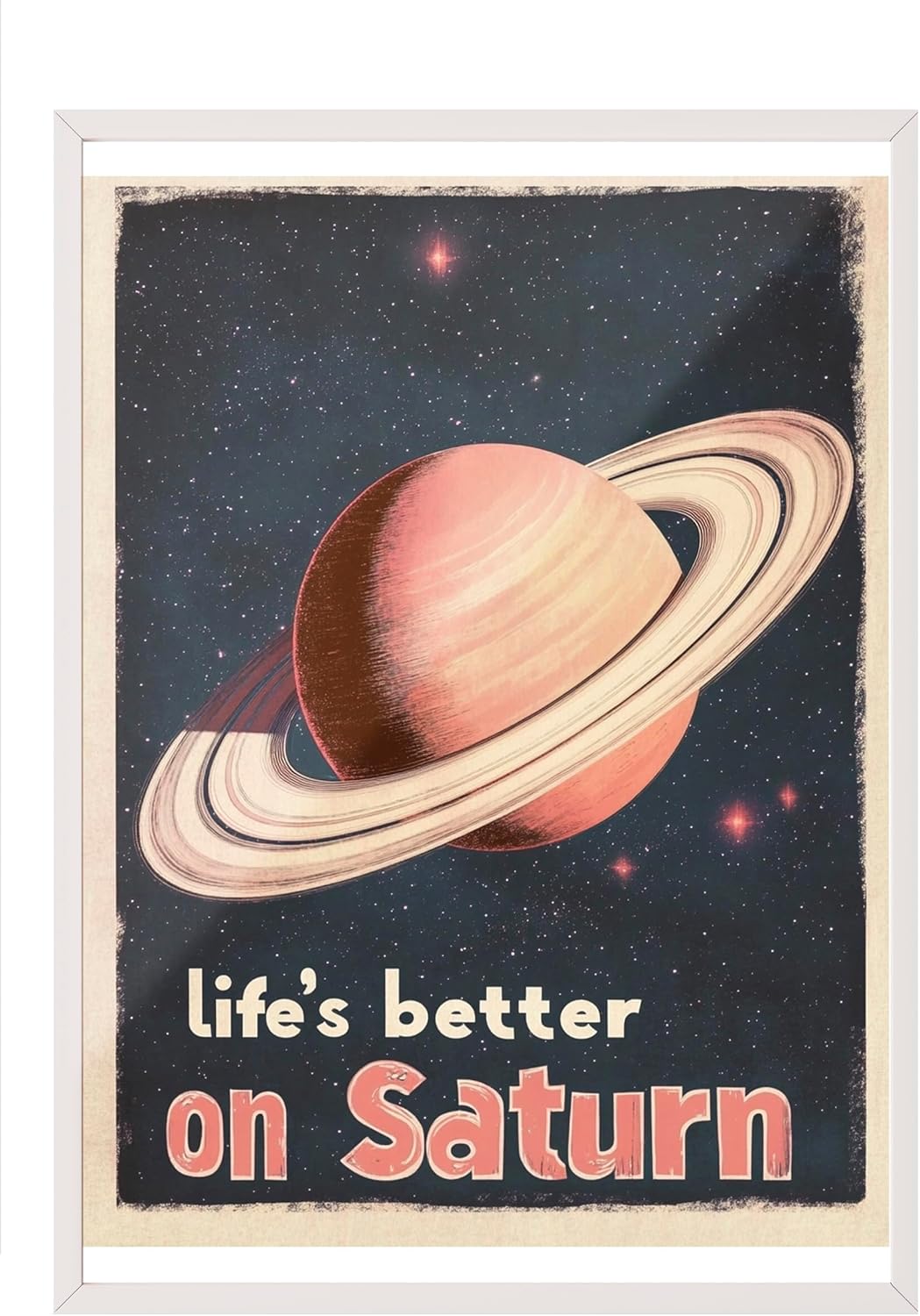 Zestia Beyaz Çerçeveli Tablo, Satürn ve Tipografi, Retro Uzay Teması Poster No: 107411 21 x 30