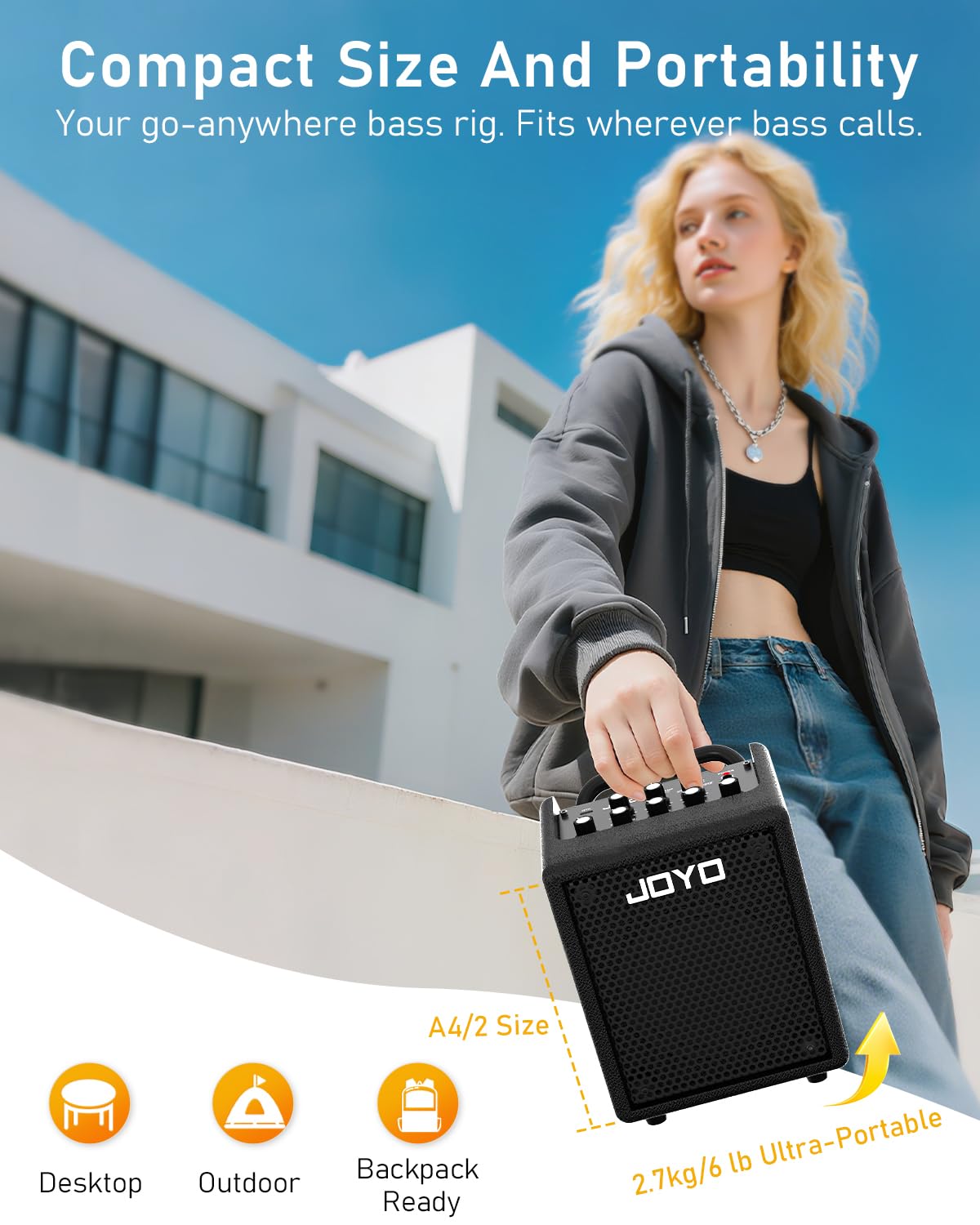 JOYO Altoparlante portatile da 30 W, con Bluetooth 5.1 + registrazione diretta OTG, EQ a 3 bande + compressore, esercizio di cuffie per bassisti, live streaming & solo (Vibe Cube BA-30, nero)
