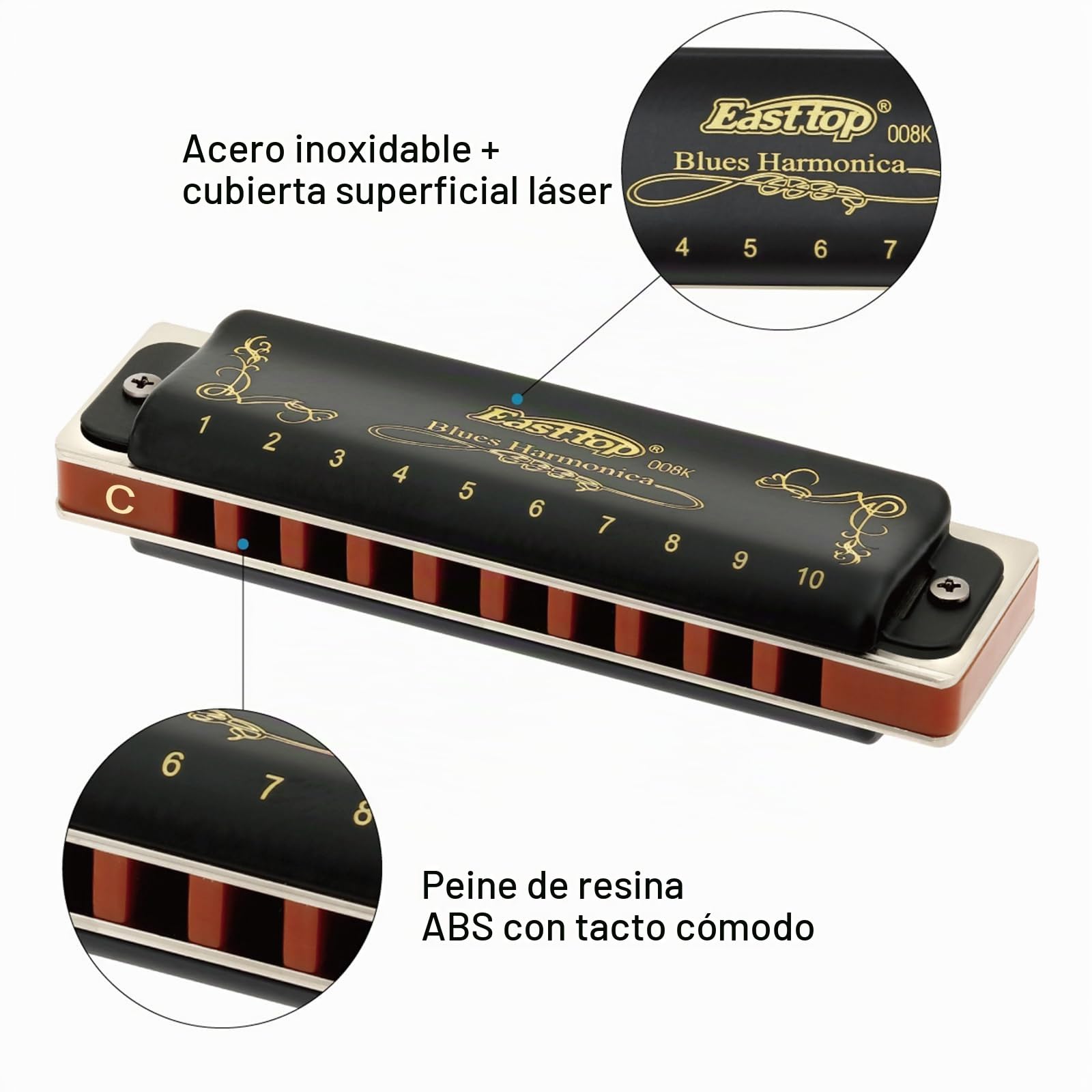 East top T008K Armónica C diatónica de 10 agujeros y 20 tonos con estuche negro, Armónica azul para adultos principiantes, estudiantes y niños como el mejor regalo