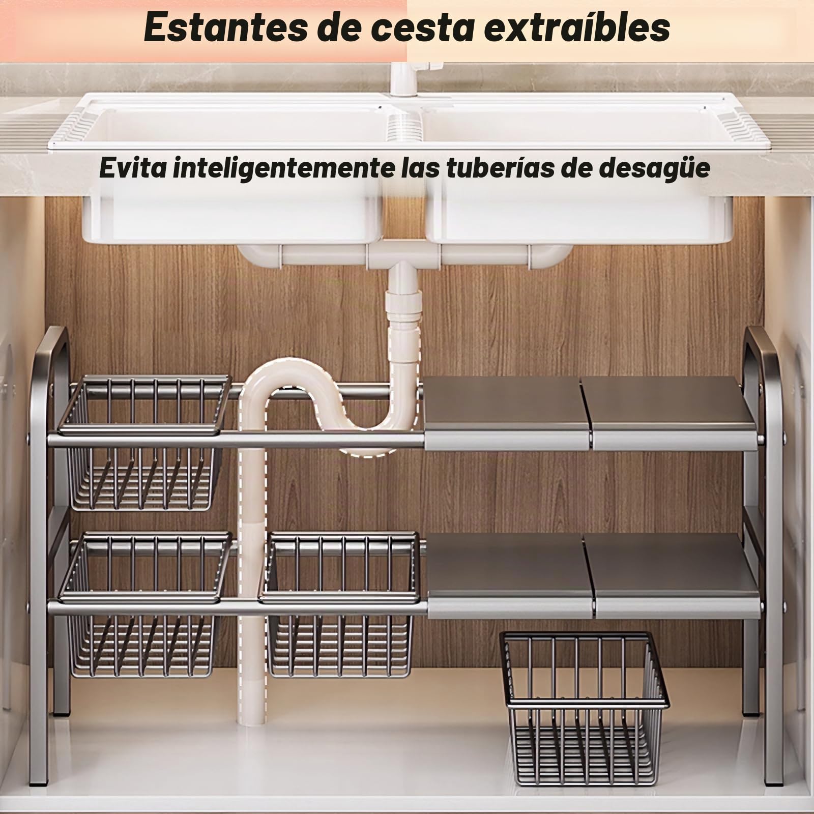 ViWaVee Organizador Cocina Bajo Fregadero Extensible 53-93cm para Armario | Altura Ajustable 5cm + 4 Cestas y Placas | Multiusos Baño Balcón | Almacenaje Productos Limpieza Ollas