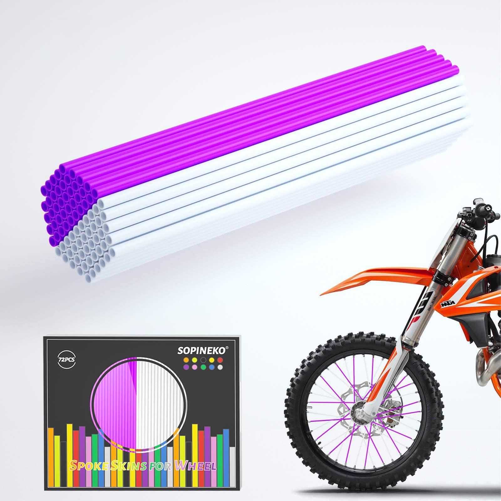 72Pcs Spoke Skins Covers Spoke Wraps Wheel Decoration for Motorcycle Bicycle Dirt Bike Wheelchair(Purple &amp; White)