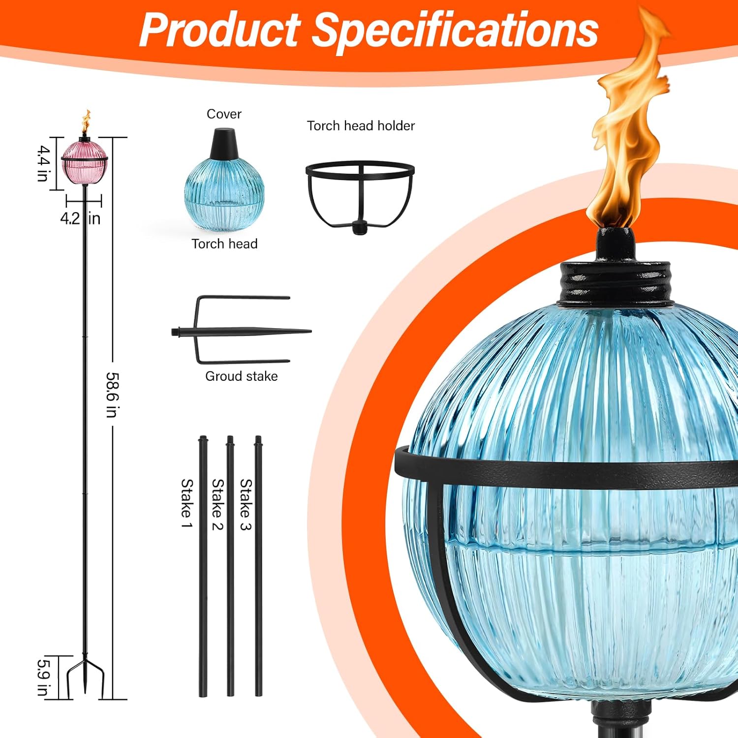 Citronella Torches Set of 4, Large Capacity 16 oz Outdoor Glass Torch Garden Décor，58.6 - Inch Upgraded Citronella Torches with 3-Prong Grounded Stake for Yard, Patio, Gatherin