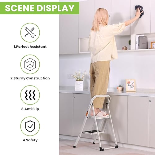 Miniatura 5 de Escalera de 2 escalones, taburete plegable con pedal antideslizante ancho, capacidad de 330 libras, escaleras ligeras portátiles para el hogar,