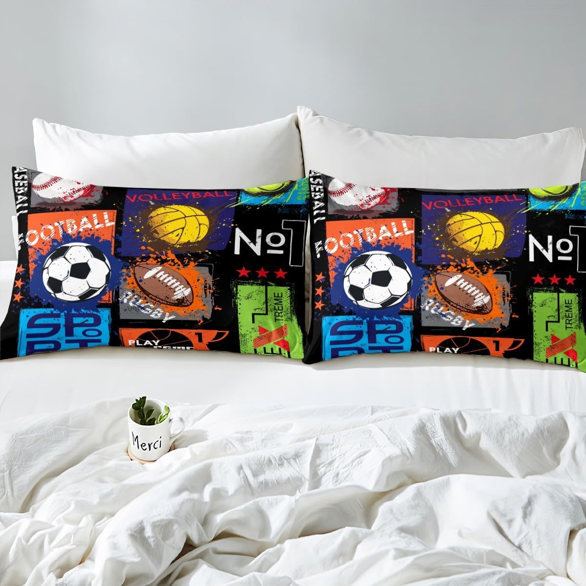 Erosebridal Volleyball Comforter Cover Multicolor Extreme Sport Bedding Set for Kids Child Boys Teens, Rugby Ball Sports Duvet Cover Hobby Activity Bedroom Decor Queen Size