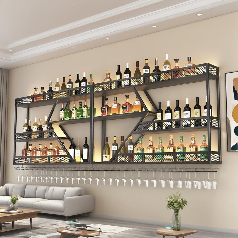 Wine Rack Wall Mounted with LED Light, 3-Tier Bar Wall Shelves, Large Capacity Floating Bar Shelves, Metal Liquor Bottle Display Shelf for Home Bar, Dining Room,A,71in
