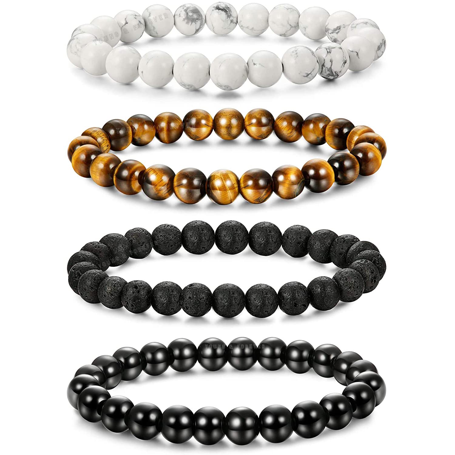 Sponsored Ad - Young & Forever Natural Stone Bead Bracelets Set, Tiger Eye, White Howlite, Lava Stone, Matt Black Agate, 4-Piece for Men Women Girls Boys