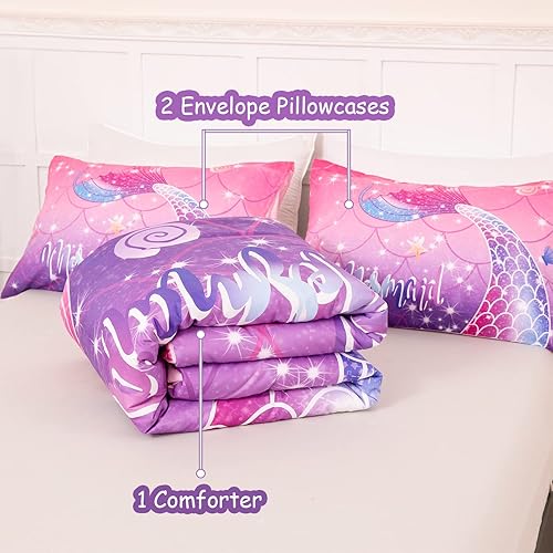 Miniatura 6 de Juego de edredón de sirena de 3 piezas, tamaño matrimonial, juego de edredón degradado, rosa, morado, azul, juego de ropa de cama con patrón de