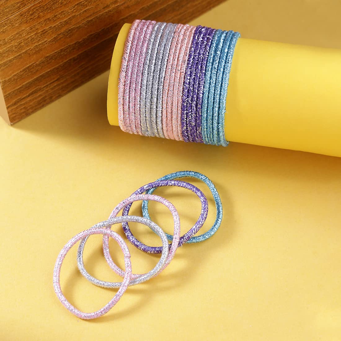 100 Pcs Glitter Hair Rubber Bands Set with Tin Box