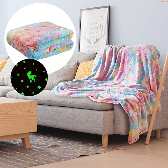 smartelf Glow In The Dark Throw Blankets Luminous Unicorns Blanket for Girls Soft Flannel Fleece Blanket Rainbow Unicorn Toy Bedroom Decor for Girls Kids Birthday Christmas 50x60 inch