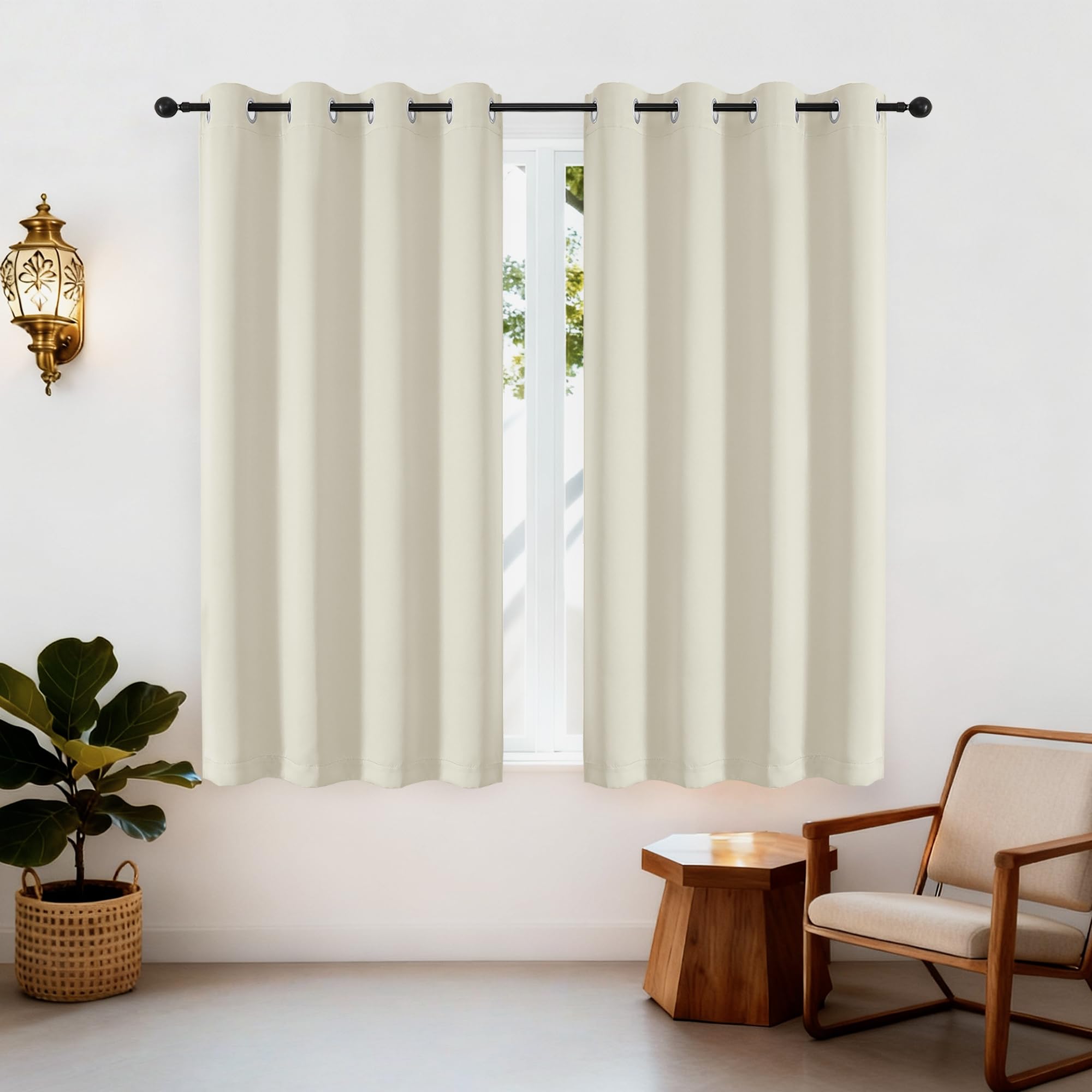Simplebrand Ava Natural Short Blackout Eyelet Curtains for Bedroom 137 cm Long 2 Panels Set, Solid Thermal Insulated, Energy Saving Window Treatment Curtains Blackout Drapes, W 140 cm x L 137 cm — image 1