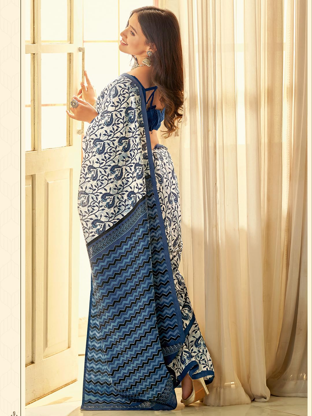 SAREE MALL Women's Bhagalpuri Silk Ethnic Motif Printed Saree With Unstitched Blouse Piece(Off White_21WOM21908_SM)