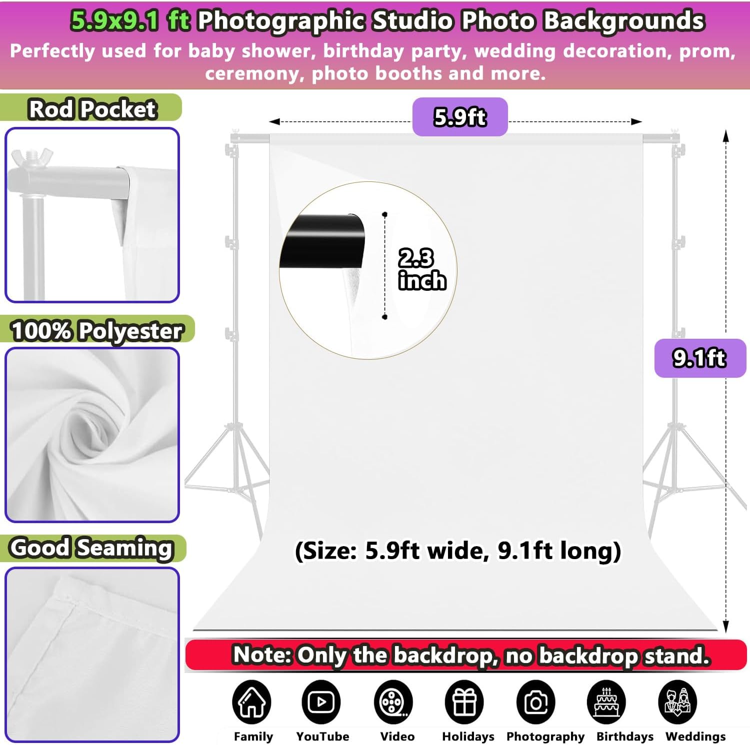 6x9 ft White Backdrop for Photoshoot, Premium Quality White Background Screen Polyester Picture Photography Backdrop Photoshoot Accessories Content Creator Background for Studio Video Photo Booth