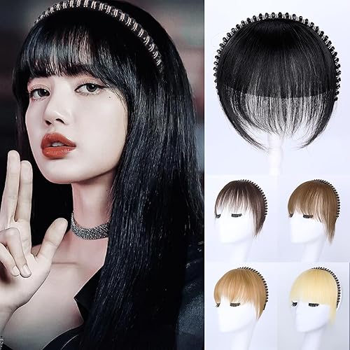 G&T - Flequillo con clip para el cabello humano, flequillo delgado con fleco de diamantes de imitación, extensiones de cabello para mujer, flequillo