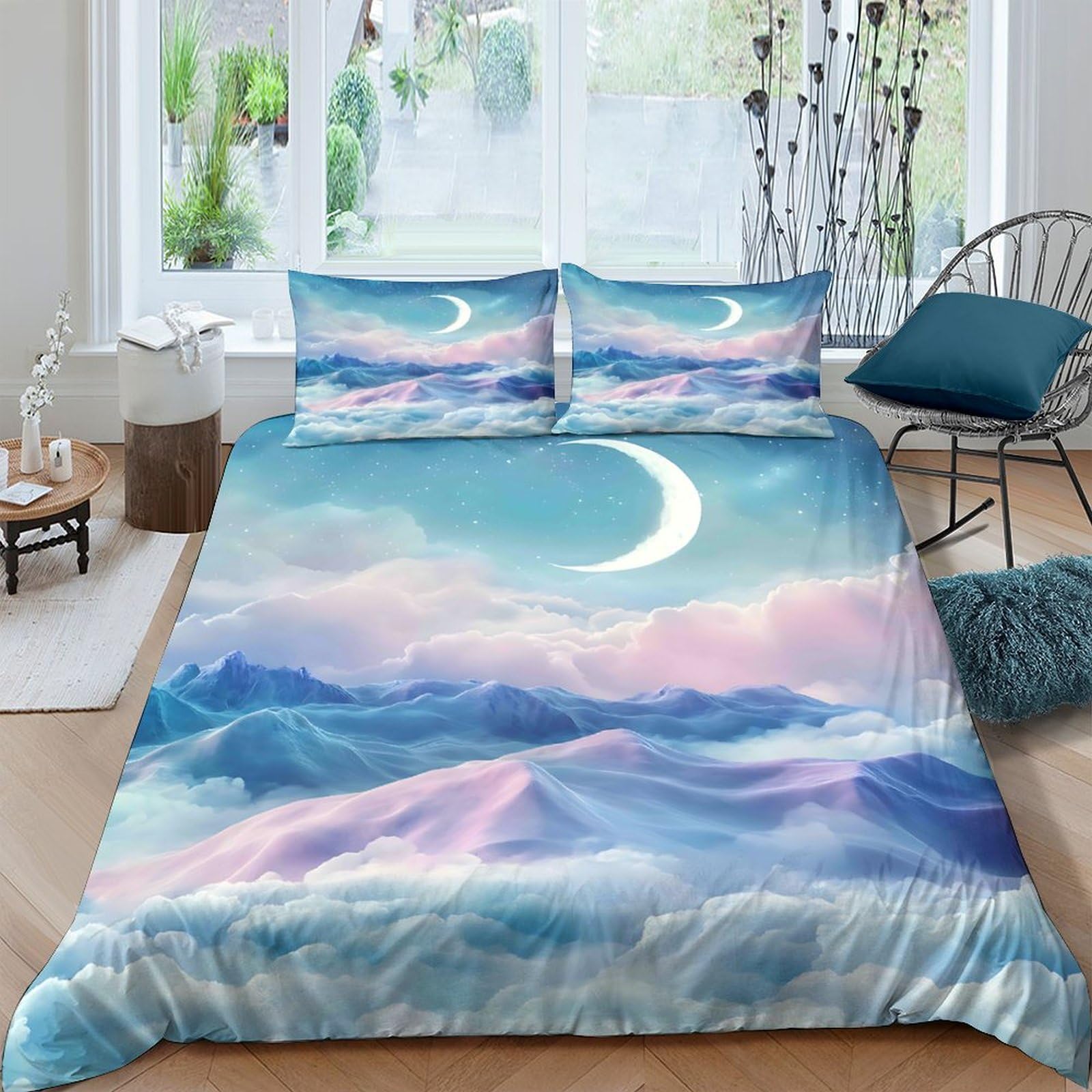 Ctjqhvkz Style-2 3D Printed Crescent Moon Fitted Sheet Microfiber Soft Blue Pink Mountain Mattress Cover Bedroom Decor Single（135X200cm）