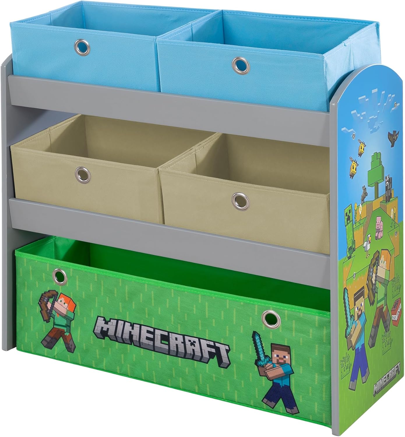 Minecraft: Play Shelf & Fabric Boxes - Storage & Organization, Toy-Games-Clothes, Green-Tan-Blue, Game Theme Design Decor, 25 x 23.6 x 11.8", Licensed