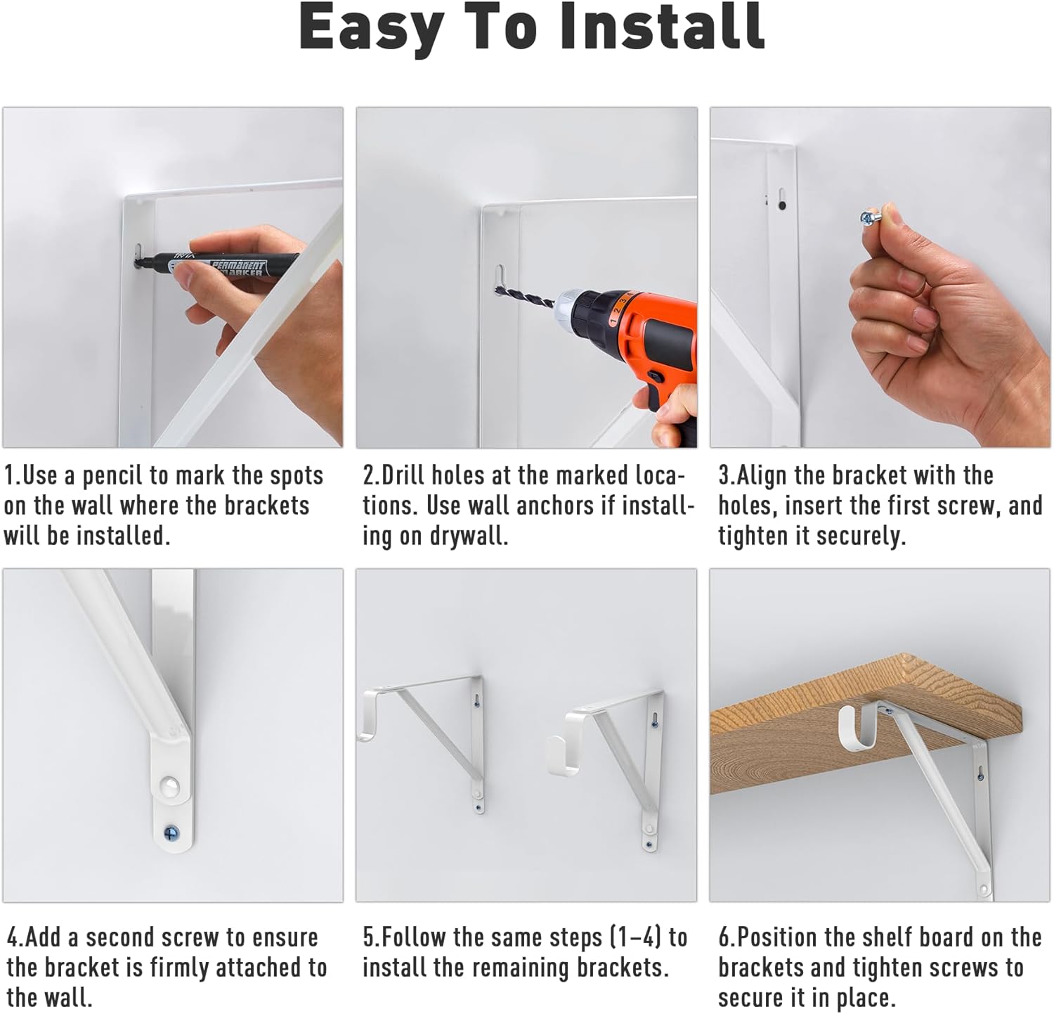 Closet Rod Bracket Heavy Duty Total Up to 300 lbs (6-Pack)- Wall Mounted Shelf Supports for Closet, Garage, Laundry, Rust-Proof Metal with Screws & Anchors, White