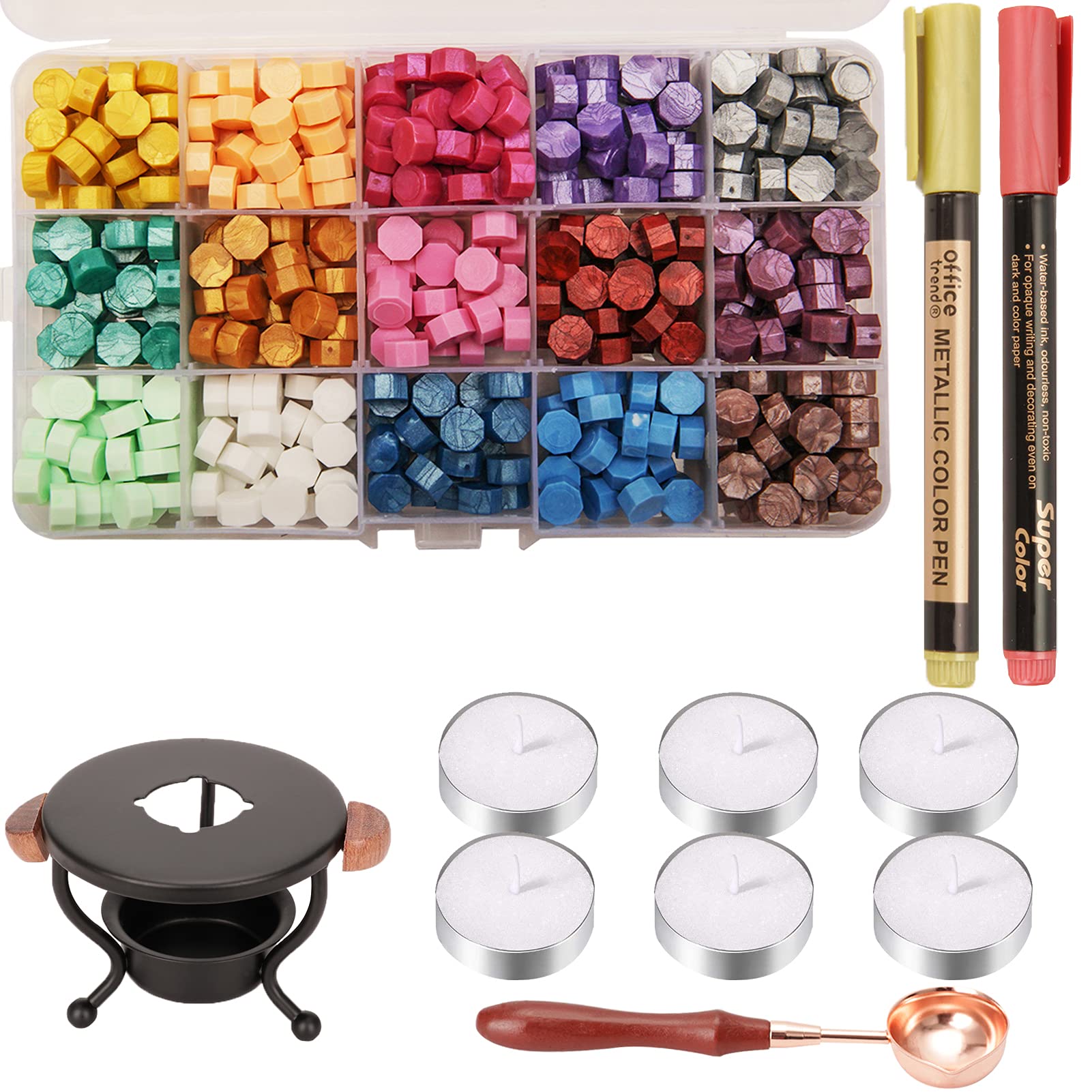 310Pcs Wax Seal Kit, WEWINK PLUS Sealing Wax Beads Set with Wax Stamp Warmer, Melting Spoon, 6Pcs Candles and 2Pcs Metallic Pens for Vintage Envelopes Letters Crafts and Decoration, 15 Colors