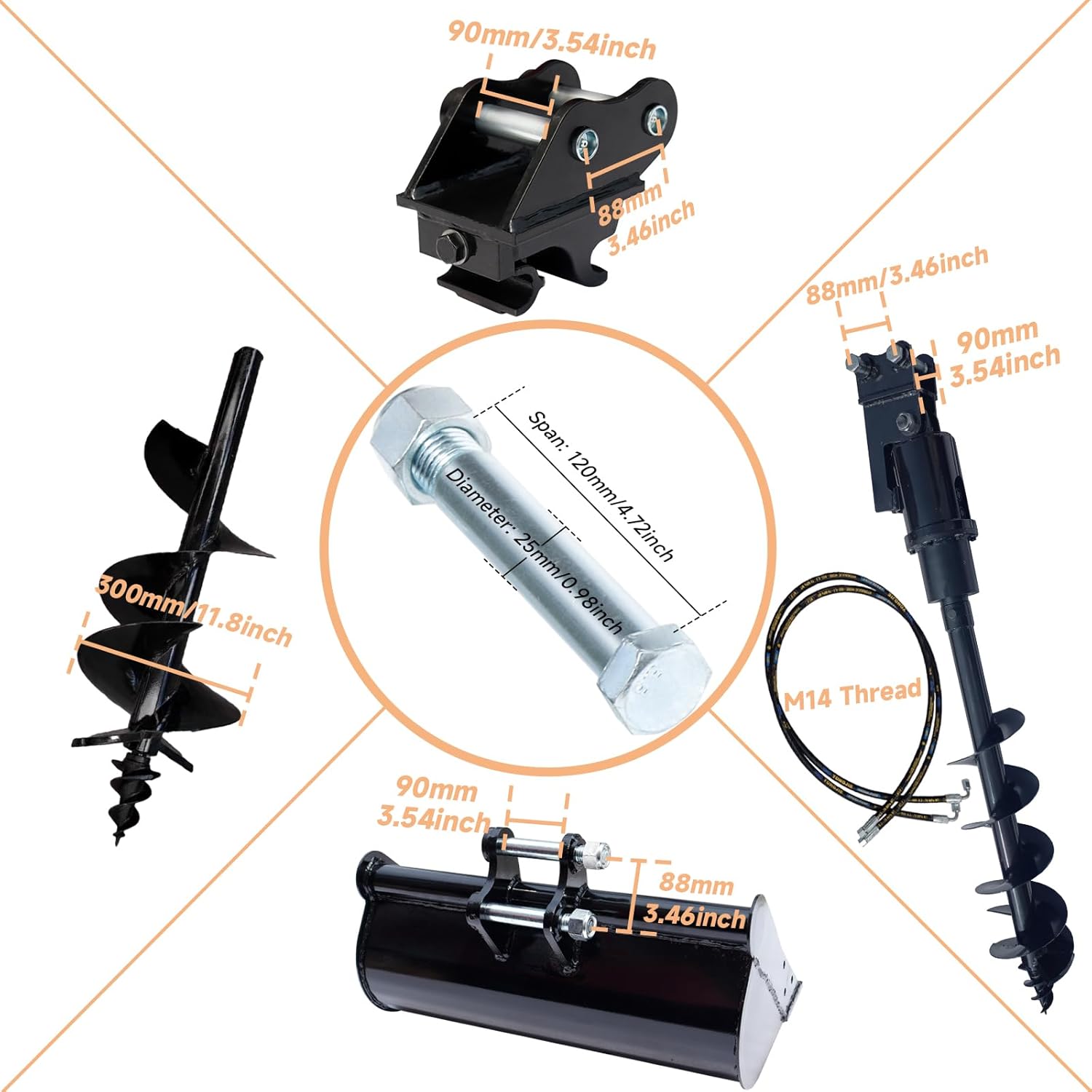 Mini Excavator Attahment, Ripper, Rake, 200mm Auger, Grapple, 200mm Narrow Bucket for Excavator, 8pcs Attachment Kit for Excavator Digging, Soil Loosening, Ditch Cleaning, Grab Wood, Drill Hole