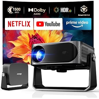iSinbox Smart Projector 4K Home Cinema with Netflix Outdoor Projector with 2 x 15 W Dolby Audio 360  Rotating Stand Auto Focus 6D Trapezoidal Correction 1500 ANSI Projector Mobile for Living Room