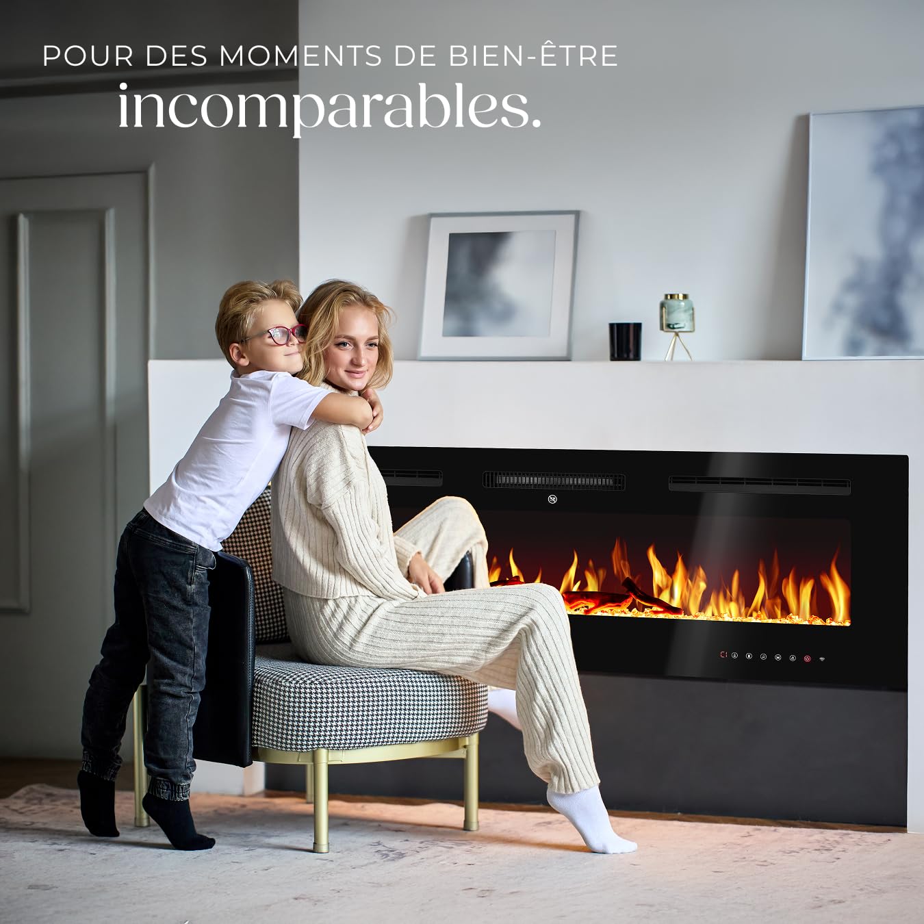 tectake® Cheminée électrique Murale 127 x 12 x 43 cm, 2 Niveaux de Chauffage 900 et 1800W, Cheminee Electrique Effet Flamme 3D, Télécommande, Application Mobile, Panneau Tactile, Cheminée Electrique