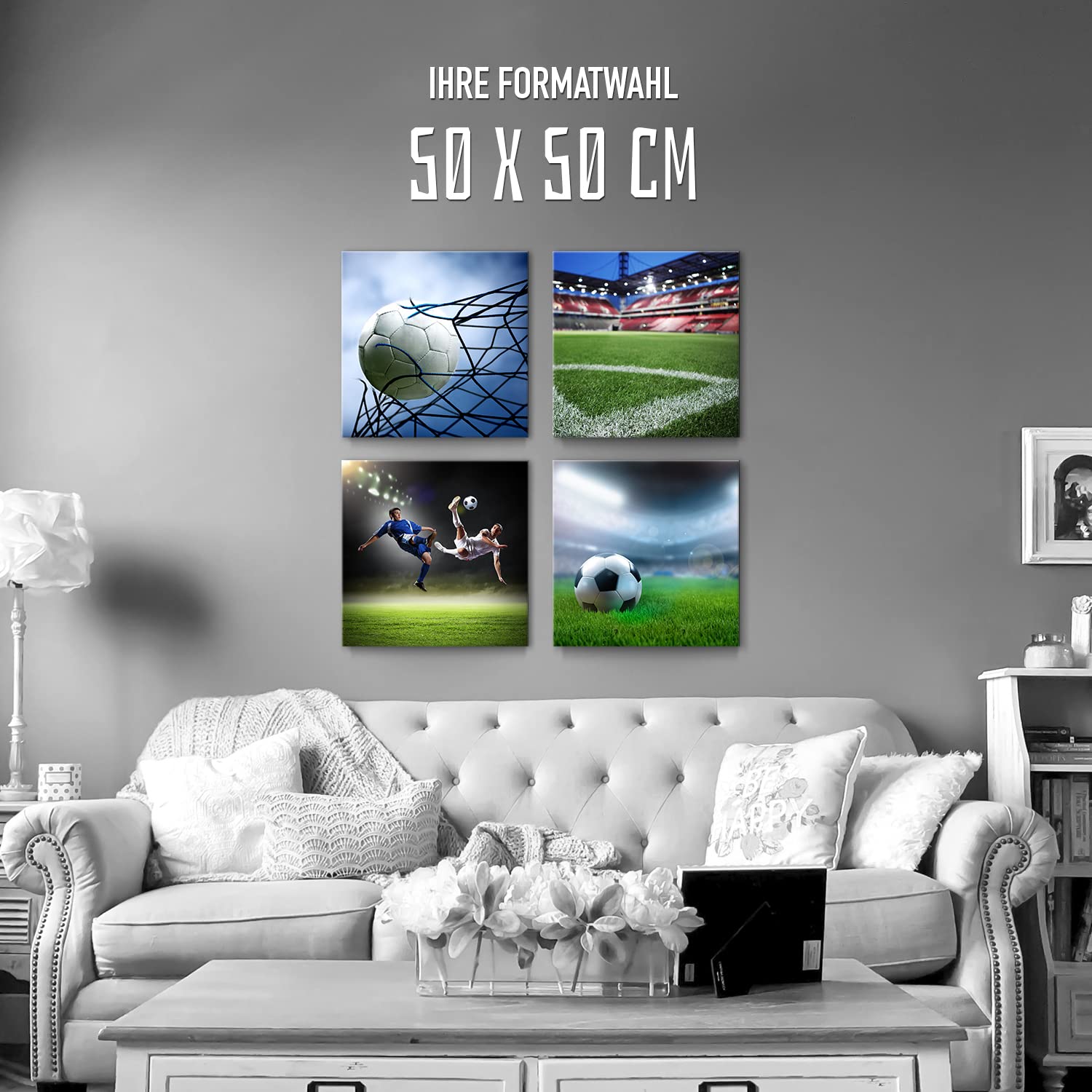 Fußball Motive als Leinwand-Bilder zur Deko - jedes Bild ist 50x50cm - 4-teiliges Fan Bilder-Set, aufhängefertige moderne Bilder für Kinder-Zimmer, Jungen Mädchen Wohnzimmer Schlafzimmer Set-A