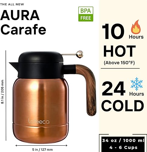 Lafeeca Thermal Carafe - Insulated Pour Over Coffee & Tea Thermos Water Pitcher with Lid - Keeping Hot Iced Cold- 1 Liter Matt White