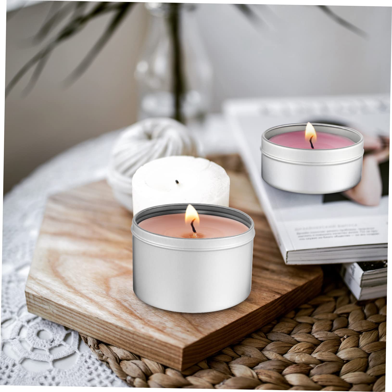 EXCEART Set 12 Pezzi Barattoli in Lega di Alluminio per Candele 200 Stoppini in Cotone, Contenitori Resistenti per Candele Fai da Te, per Regali di Compleanno Artigianali