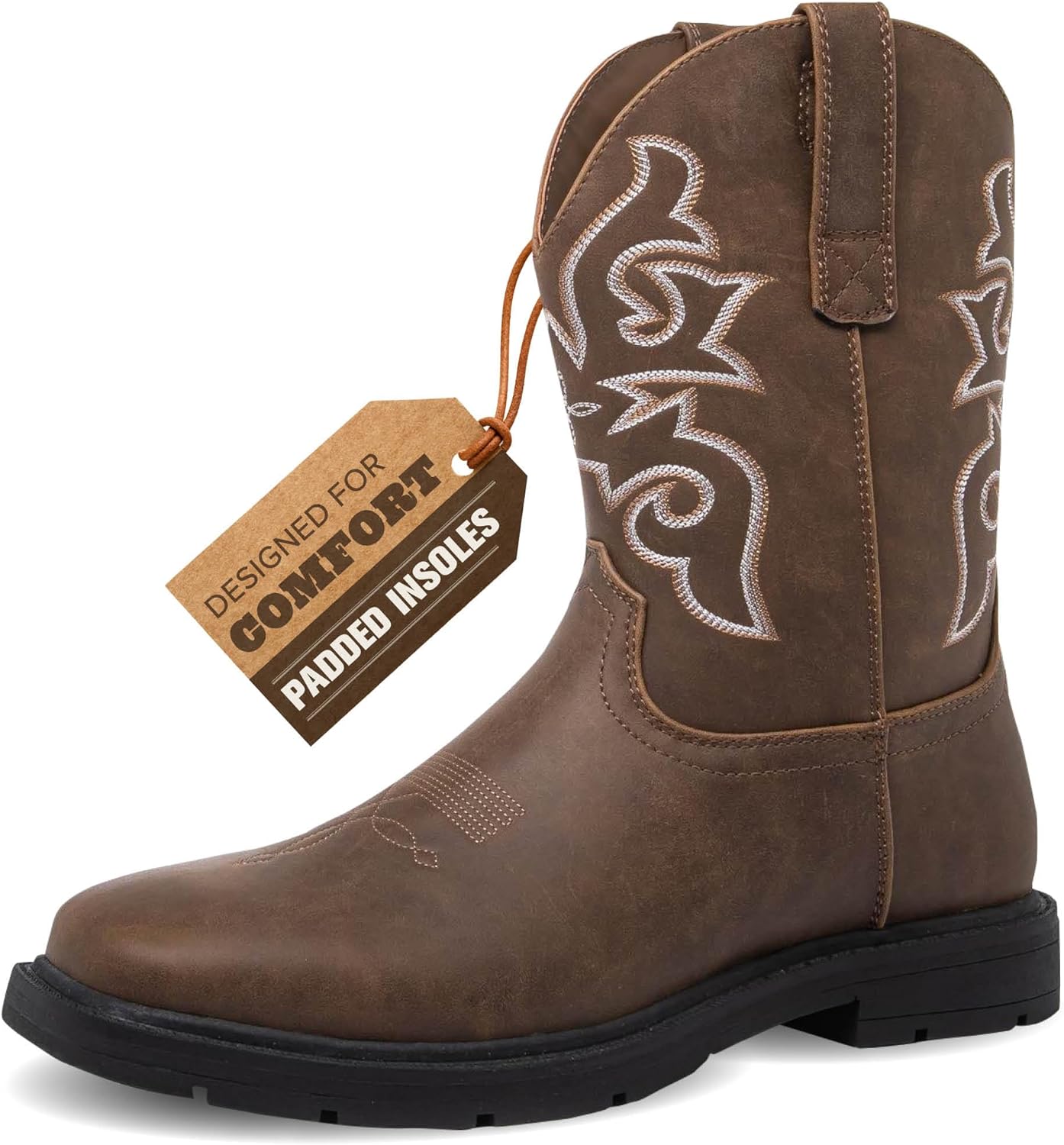 Men's Cowboy Boots - Square Toe Western Boots with Embroidery, Pull-On Fit, Durable Rubber Sole Mens Shoes