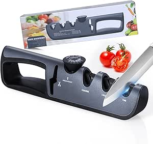 Alyvisun Affilacoltelli Professionale, Manuale 4 in 1 Affilacoltelli, Manico Ergonomico e Base Antiscivolo, per Affilare Coltelli da Cucina, Forbici ect (Nero)