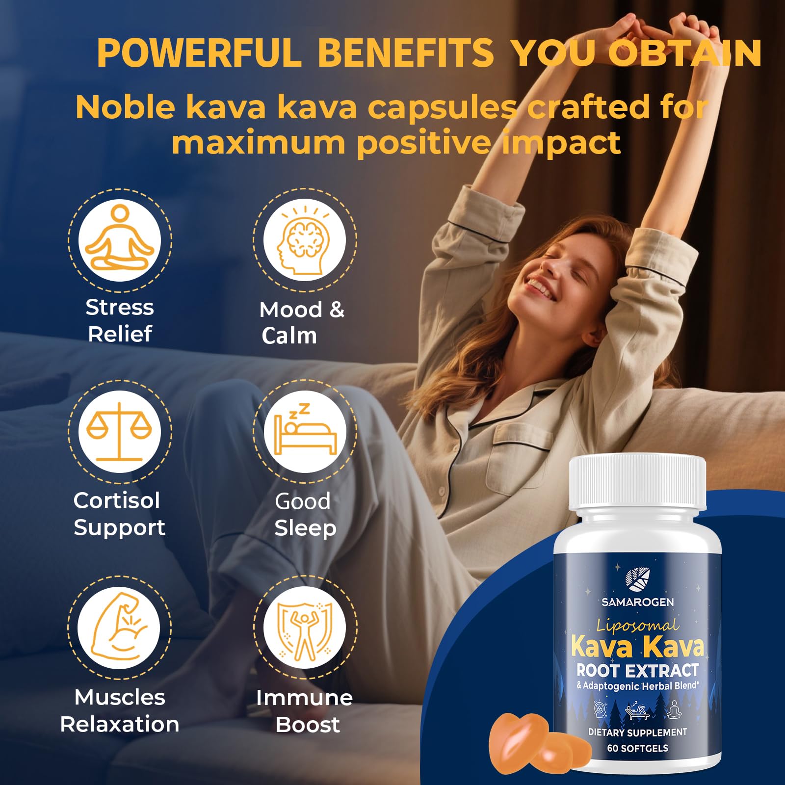 Kava Kava Capsules Root Extract Supplement Liposomal 55% Kavalactones with Ashwagandha Chamomile Lemon Balm Passionflower for Relax & Good Sleep (120 Softgels) — Amazon image 2