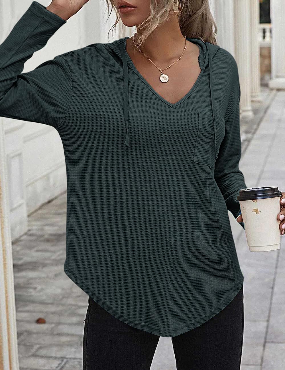 Cuptacc Felpa Donna con Cappuccio 2024 Maglione Scollo A V Autunno Maglia Manica Lunga Camicia Elegante