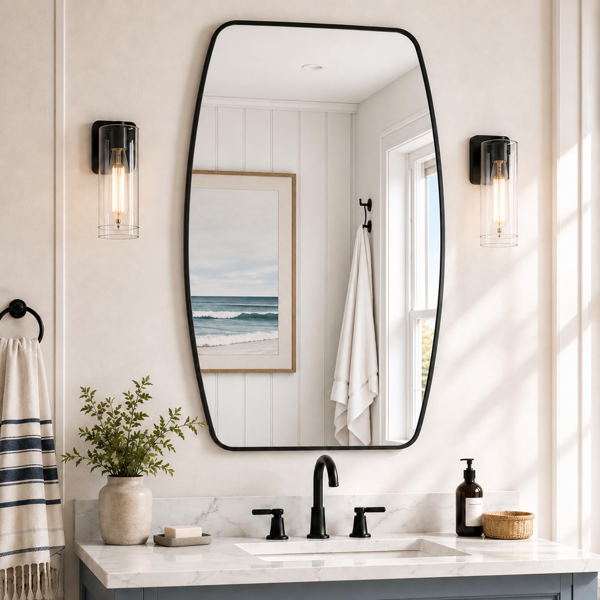 Pocetry Matte Black Curved Rectangle Bathroom Mirror, 24X36 Inch