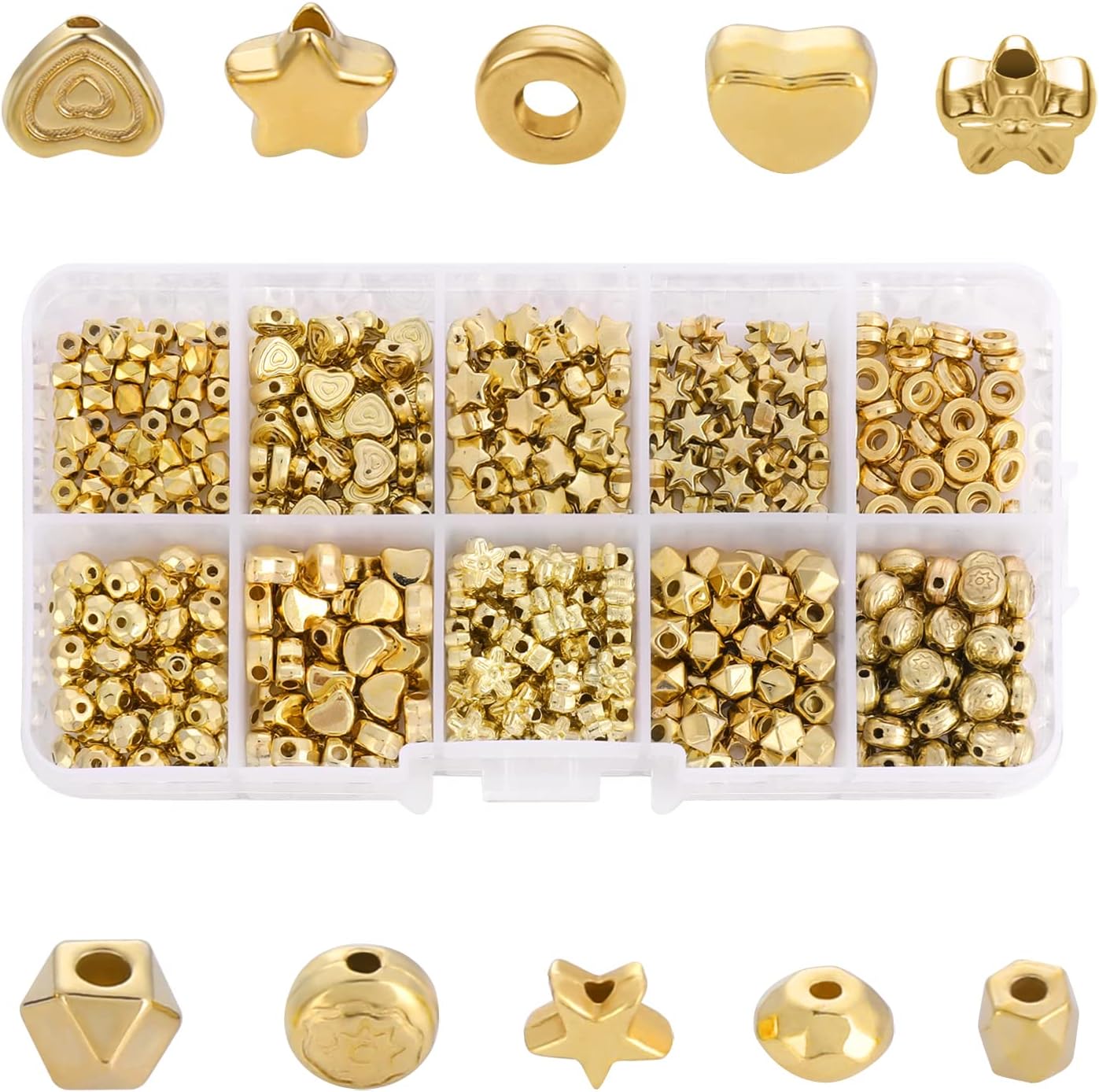 500 Gold Beads - 10 Styles Include Star, Round, Spacer, Rondelle, Faceted Heart - Loose Beads for DIY Bracelet