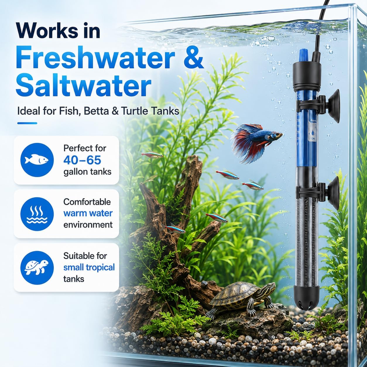 Mylivell Fish Tank Aquarium Heater - Adjustable Submersible 200W Aquarium Heater with Thermostat for 40-65 Gallon Betta, Turtle, Saltwater and Freshwater Tanks